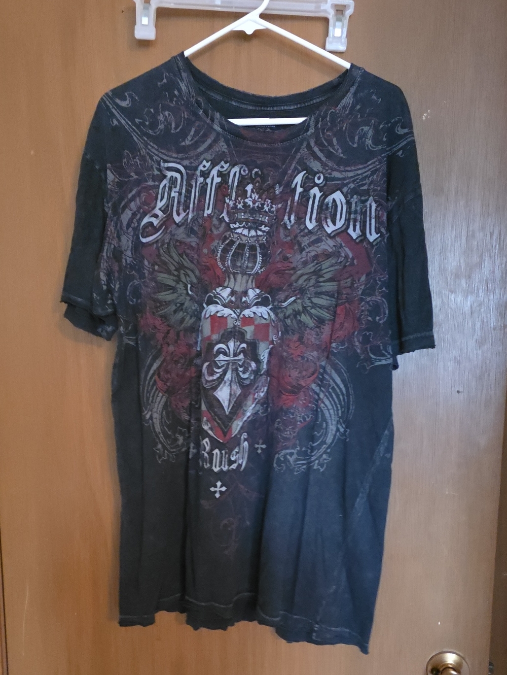 Affliction Black Graphic Crest Short Sleeve Tee with Red Accents